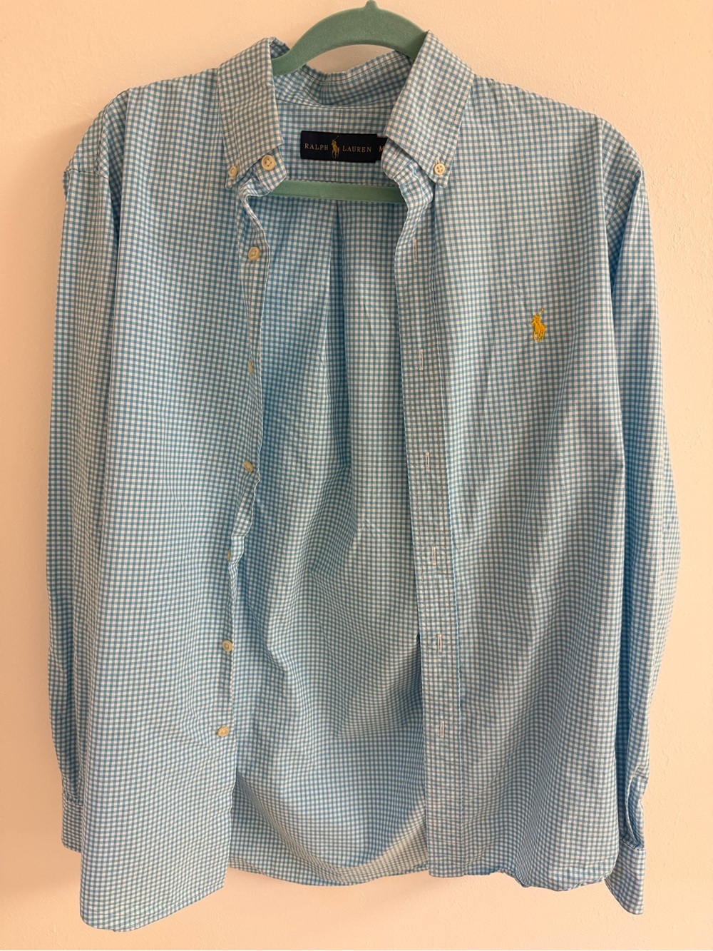 Ralph Lauren Men’s Light Blue Gingham Button-Down Shirt with Yellow Polo Logo